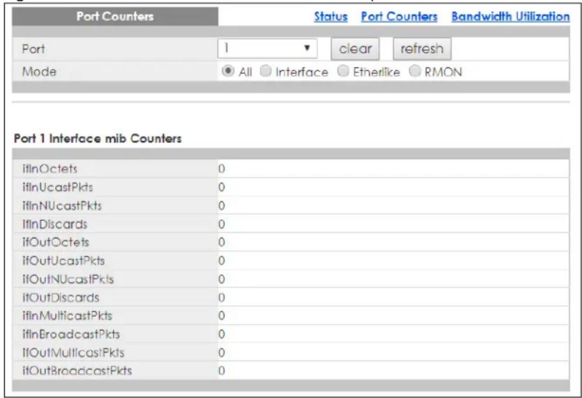 Port Counters Status Port Counters Bandwidth Utilization Port 1 Interface mib Counters ifInOctets 0 ifInUcastPkts 0 ifInNUcastPkts 0 ifInDiscards 0 ifOutOctets 0 ifOutUcastPkts 0 ifOutNUcastPkts 0 ifOutDiscards 0 ifInMulticastPkts 0 ifInBroadcastPkts 0 ifOutMulticastPkts 0 ifOutBroadcastPkts 0