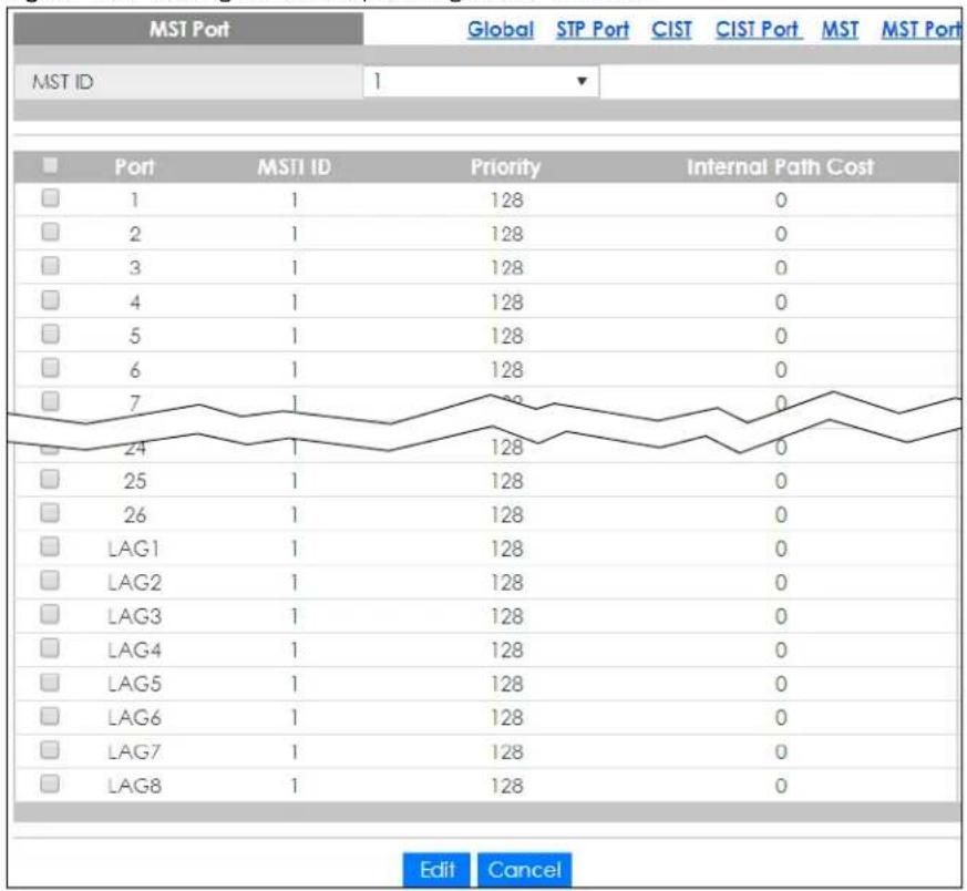 ZYXEL GS1900-24 - MST Port Settings - 1