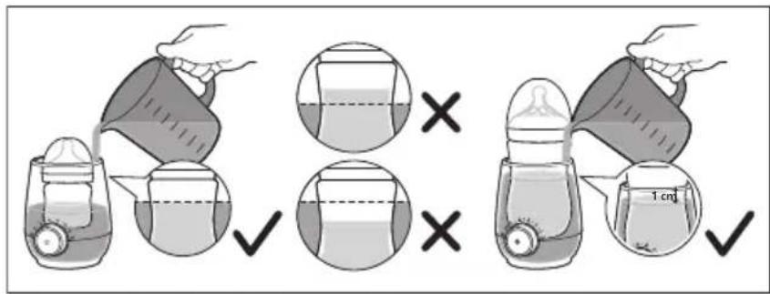 Illustration showing a hand pouring liquid into a bottle, with three steps and a 1 cm mark indicating measurement.