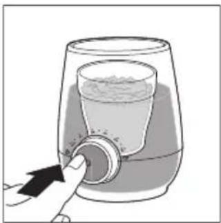 Illustration of a hand pressing a button on a glass container with a filled liquid (no text or symbols)
