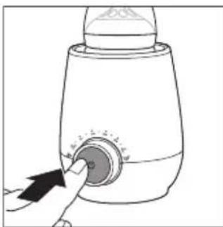 Line drawing of a baby bottle with a hand pressing down on the inner dial (no text or symbols)