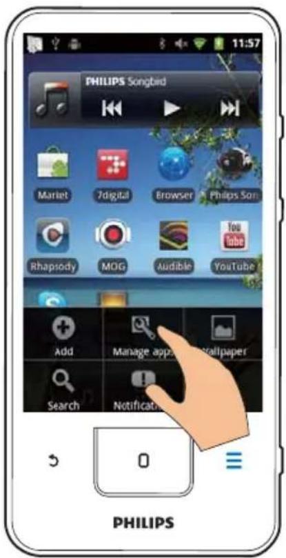 PHILIPS Songbird Market 7digital Browser Philips Son Rhapsody MOG Audible YouTube Add Manage appa installpaper Search Notification 0 PHILIPS