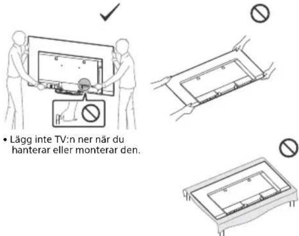 Lägg inte TV:n ner när du hanterar eller monterar den.