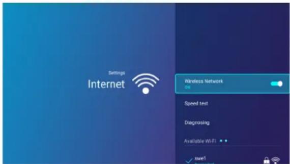 Settings Internet Wireless Network Off Speed test Diagnosing Available WiFi swe1