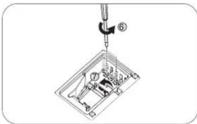 Technical diagram showing a mechanical assembly with numbered components and a hook pointer indicating assembly step