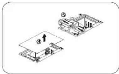 Technical diagram showing two mechanical assembly steps with labeled components and directional arrows
