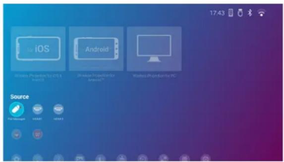 17:43 Wireless Projection for iOS Android Wireless Projection for PC Source PS Manager USB drive USB port