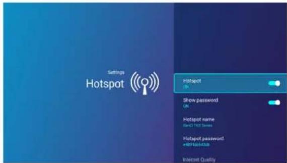 Settings Hotspot Hotspot Show password OR Hotspot name SeroQ TKT Series Hotspot password +99V864038 Internet Quality