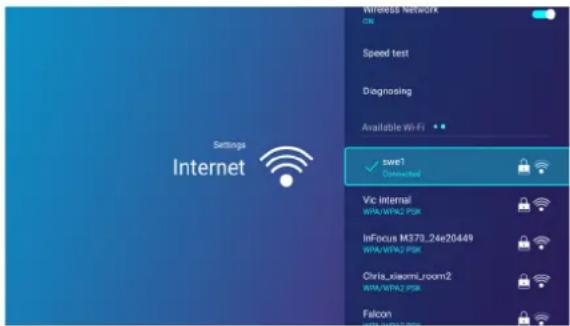 Settings Internet Wireless Network CN Speed test Dagnosing Available Wi-Fi swt1 Connected Vtc internal WPA/WPAC PSK InFocus M379_24e20449 WPA/WPAC PSK Chris_xiaomi_room2 WPA/WPAC PSK Falcon