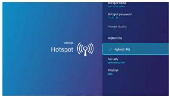 Hotspot Settings Hotspot name One-2 WiFi server Hotspot password 11111111 Internet Quality Higher(5G) ✓ Higher(2.4G) Security WWW.NTA2.PSR Channel auto