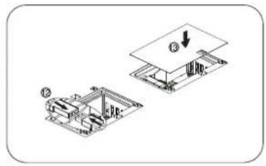 Technical diagram showing two mechanical assembly steps with labeled components and directional arrows
