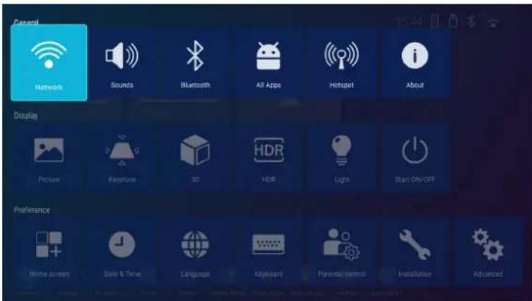 Cerical Network Sounds Bluetooth All Apps Hotspot About Display Picture Keystone 3D HDR Light Start ON/OFF Preference Home current State & Time Language Keyboard Parental control Installation Advanced