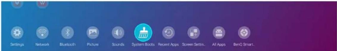 Settings Network Bluetooth Picture Sounds System Boots Recent Apps Screen Settin.. All Apps BenQ Smart..