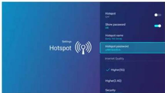 Hotspot Settings Hotspot password =88154400.0 Internet Quality ✓ Higher(50) Higher(2.4G) Security