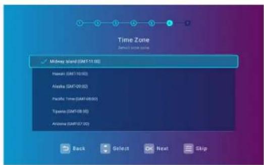 Time Zone Default time zone Midway Island (GMT-11.00) Hawaii (GMT-10.00) Alaska (GMT-20.00) Pacific Time (GMT-08.00) Tswana (GMT-08.00) Albowa (GMT-07.00) Back Select Next Skip