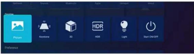 Software Display Picture Keystone 3D HDR Light Start ON/OFF Preference