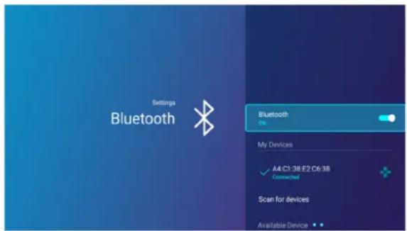 Settings Bluetooth My Devices ✓ A4 C1:38 E2 C6:38 Connected Scan for devices Available Device