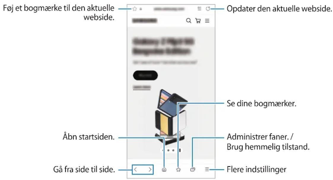 Føj et bogmærke til den aktuelle webside. Opdater den aktuelle webside. Åbn startsiden. Gå fra side til side. Se dine bogmærker. Administrer faner. / Brug hemmelig tilstand. Flere indstillinger