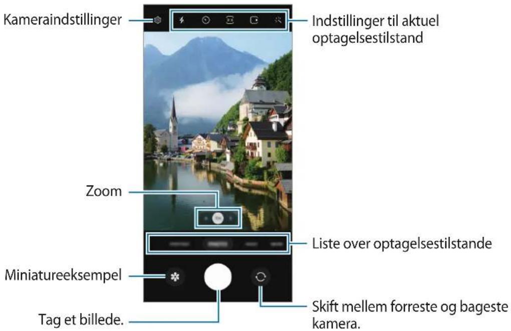 Kameraindstillinger Zoom Miniatureeksempel Tag et billede. Indstillinger til aktuel optagelsestilstand Liste over optagelsestilstande Skift mellem forreste og bageste kamera.