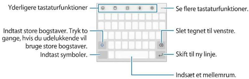 Yderligere tastaturfunktioner Indtast store bogstaver. Tryk to gange, hvis du udelukkende vil bruge store bogstaver. Indtast symboler. Se flere tastaturfunktioner. Slet tegnet til venstre. Skift til ny linje. Indsæt et mellemrum.