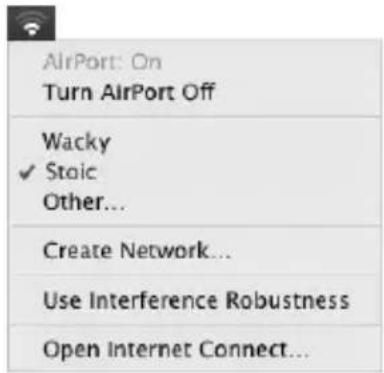 AirPort: On Turn AirPort Off Wacky ✓ Stoic Other... Create Network... Use Interference Robustness Open Internet Connect...