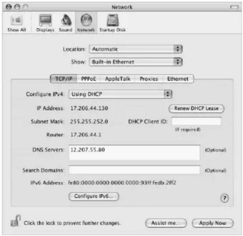 Network Show All Displays Sound Network Startup Disk Location:Automatic Show:Built-in Ethernet TCP/IP PPPoE AppleTalk Proxies Ethernet Configure IPv4:Using DHCP IP Address:17.206.44.130 Renew DHCP Lease Subnet Mask:255.255.252.0 DHCP Client ID: Router:17.206.44.1 (IF required) DNS Servers:12.207.55.80 (Optional) Search Domains: (Optional) IPv6 Address:Fe80:0000:0000:0000:0000:93ff:fedb:2FF2 Configure IPv6... Click the lock to prevent further changes. Assist me... Apply Now