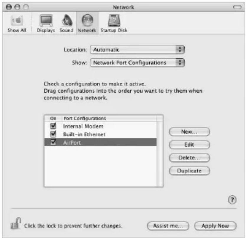 Network Show All Displays Sound Network Startup Disk Location:Automatic Show:Network Port Configurations Check a configuration to make it active. Drag configurations into the order you want to try them when connecting to a network. On Port Configurations ✓ Internal Modem ✓ Built-in Ethernet ✓ AirPort New... Edit Delete... Duplicate Click the lock to prevent further changes. Assist me... Apply Now