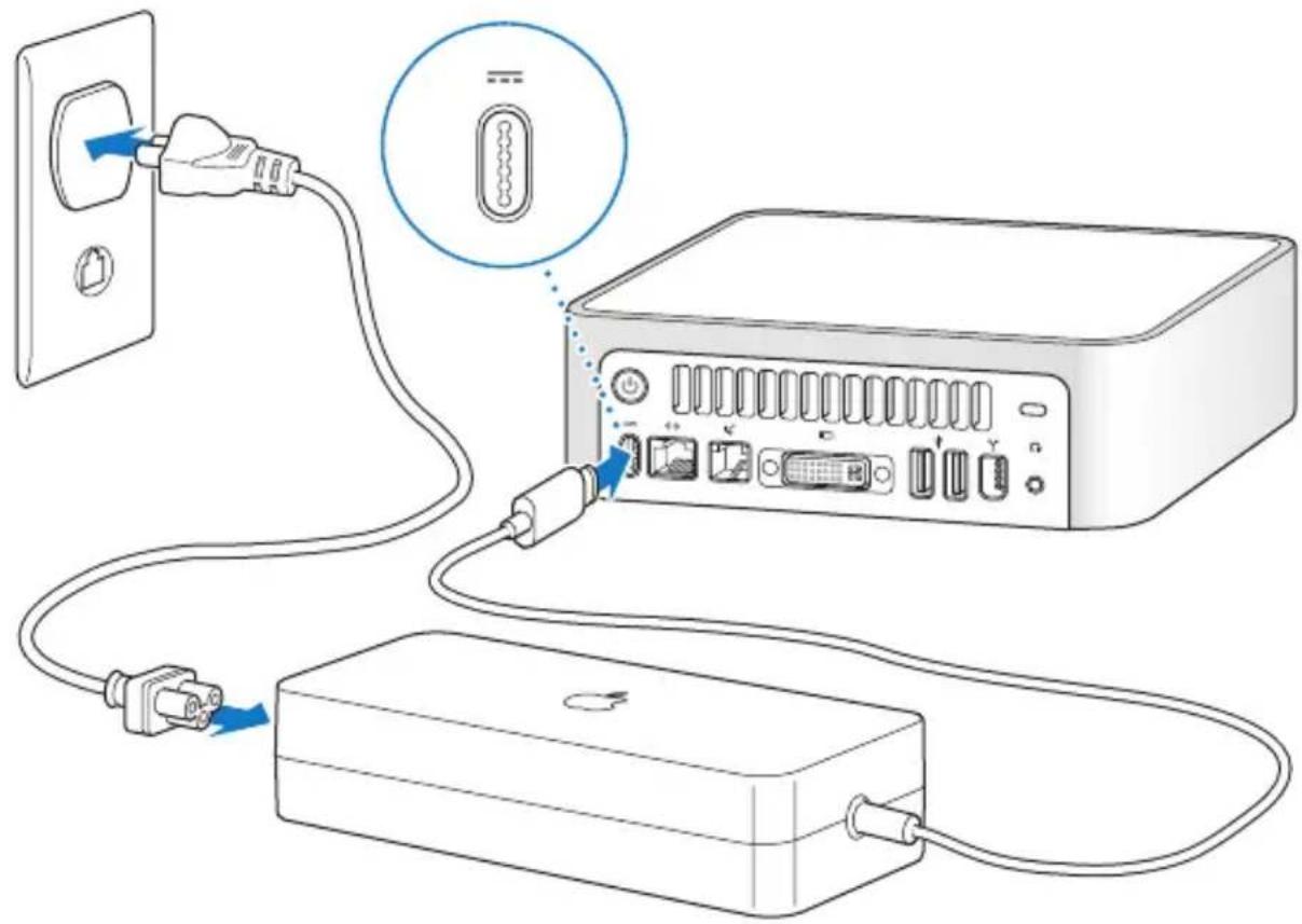 Diagram showing connection between a power outlet, connected to an electronic device via cable and cable connector, with a magnified inset highlighting the connector.