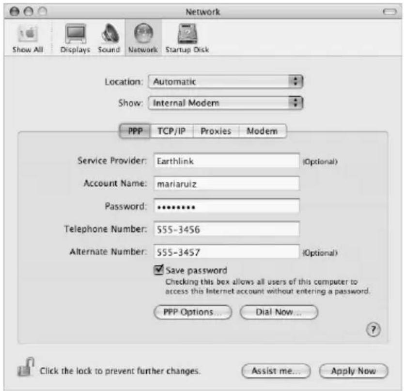 Network Show All Displays Sound Network Startup Disk Location:Automatic Show:Internal Modem PPP TCP/IP Proxies Modem Service Provider:Earthlink(Optional) Account Name:mariaruiz Password:****** Telephone Number:555-3456 Alternate Number:555-3457(Optional) Save password Checking this box allows all users of this computer to access this Internet account without entering a password. PPP Options... Dial Now... Click the lock to prevent further changes. Assist me... Apply Now