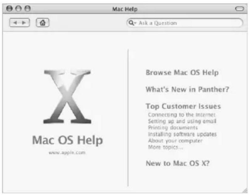 Mac Help Ask a Question Browse Mac OS Help What's New in Panther? Top Customer Issues Connecting to the Internet: Setting up and using email Printing documents Installing software updates About your computer More topics... New to Mac OS X? Mac OS Help www.apple.com