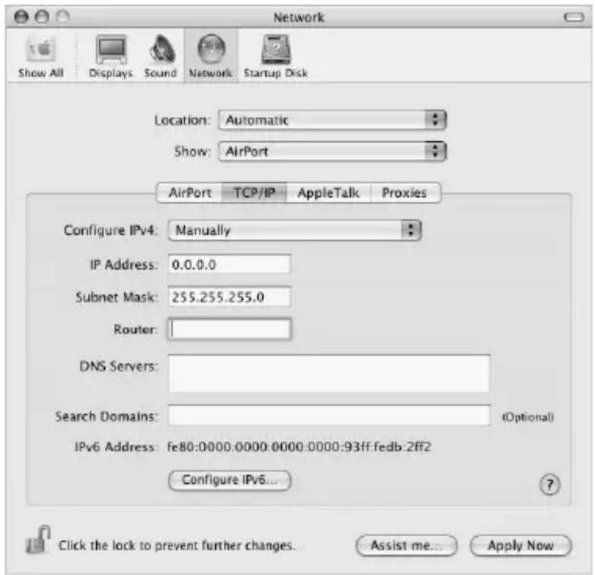 Network Show All Displays Sound Network Startup Disk Location:Automatic Show:AirPort AirPort TCP/IP AppleTalk Proxies Configure IPv4: Manually IP Address:0.0.0.0 Subnet Mask:255.255.255.0 Router: DNS Servers: Search Domains: (Optional) IPv6 Address:fe80:0000:0000:0000:0000:93ff:fedb:2ff2 Configure IPv6... Click the lock to prevent further changes. Assist me... Apply Now