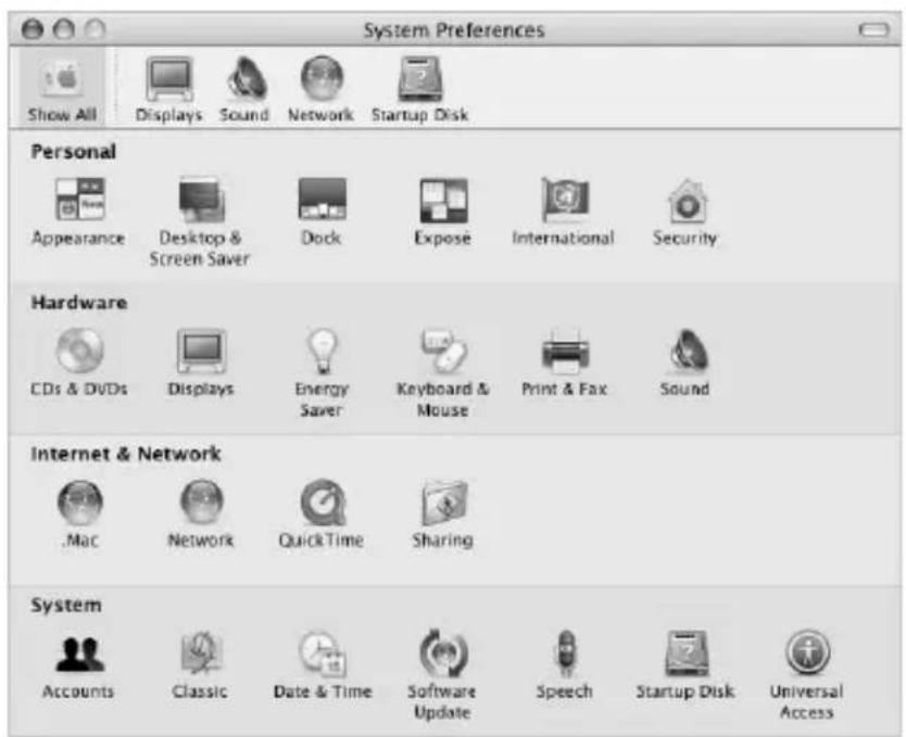 System Preferences Show All Displays Sound Network Startup Disk Personal Appearance Desktop & Screen Saver Dock Expose International Security Hardware CDs & DVDs Displays Energy Saver Keyboard & Mouse Print & Fax Sound Internet & Network .Mac Network QuickTime Sharing System Accounts Classic Date & Time Software Update Speech Startup Disk Universal Access