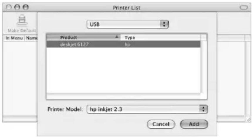 Printer List USB Product Type deskjet 6127 hp Printer Model: hp inkjet 2.3 Cancel Add