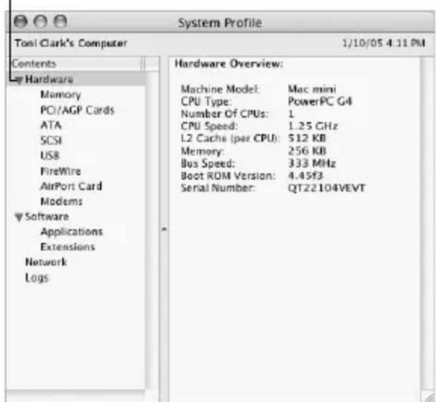 System Profile Tosi Clark's Computer 1/10/05 4:11 PM Contents Hardware Memory PCI/AGP Cards ATA SCSI USB FireWire AirPort Card Modems Software Applications Extensions Network Logs Hardware Overview: Machine Model: Mac mini CPU Type: PowerPC G4 Number Of CPUs: 1 CPU Speed: 1.25 GHz L2 Cache (per CPU): 512 KB Memory: 256 KB Bus Speed: 333 MHz Boot ROM Version: 4.45f3 Serial Number: QT22104VEVT