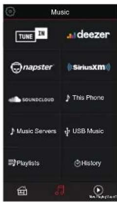 Music TUNE IN deezer napster SiriusXM SOUNDCLoud This Phone Music Servers USB Music Playlists History