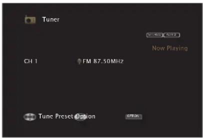 Tuner CH 1 FM B7.50MHz Tune Preset Option STUDIO Player Now Playing OFF/OKS