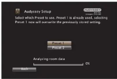 Audyssey Setup Select which Preset to use, Preset 1 is already used, selecting Preset 1 now will overwrite the previously stored setting. Preset 1 Preset 2 Analyzing room data 0% Back