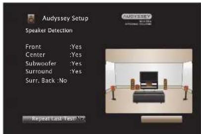 Audyssey Setup Speaker Detection Front :Yes Center :Yes Subwoofer :Yes Surround :Yes Surr. Back :No Repeat Last Test