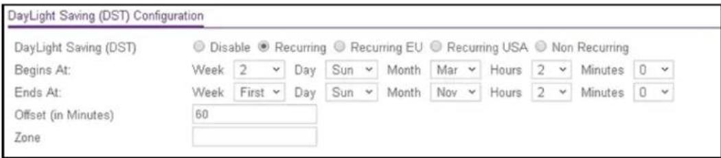 DayLight Saving (DST) Configuration DayLight Saving (DST) Disable Recurring Recurring EU Recurring USA Non Recurring Begins At: Week 2 Day Sun Month Mar Hours 2 Minutes 0 Ends At: Week First Day Sun Month Nov Hours 2 Minutes 0 Offset (in Minutes) 60 Zone