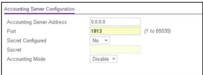Accounting Server Configuration Accounting Server Address 0.0.0.0 Port 1813 (1 to 65535) Secret Configured No Secret Accounting Mode Disable