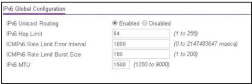 IPv6 Global Configuration IPv6 Unicast Routing IPv6 Hop Limit ICMPv6 Rate Limit Error Interval ICMPv6 Rate Limit Burst Size IPv6 MTU ● Enabled ○ Disabled 64 1000 100 1500 (1280 to 9000) (1 to 255) (0 to 2147483647 msecs) (1 to 200)