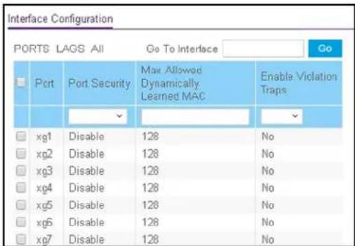 Interface Configuration PORTS LAGS All Go To Interface Go Port Port Security Max Allowed Dynamically Learned MAC Enable Violation Traps xg1 Disable 128 No xg2 Disable 128 No xg3 Disable 128 No xg4 Disable 128 No xg5 Disable 128 No xg6 Disable 128 No xg7 Disable 128 No