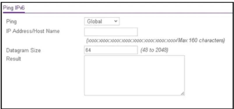 Ping IPv6 Ping Global IP Address/Host Name (xxxxxxxxxxxxxxxxxxxxxxxxxxxxxxx/Max 160 characters) Datagram Size 64 (48 to 2048) Result