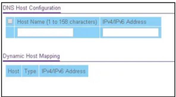 DNS Host Configuration Host Name (1 to 158 characters) IPv4/IPv6 Address Dynamic Host Mapping Host Type IPv4/IPv6 Address