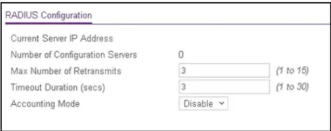 RADIUS Configuration Current Server IP Address Number of Configuration Servers 0 Max Number of Retransmits 3 (1 to 15) Timeout Duration (secs) 3 (1 to 30) Accounting Mode Disable