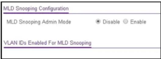 MLD Snooping Configuration MLD Snooping Admin Mode ● Disable ○ Enable VLAN IDs Enabled For MLD Snooping