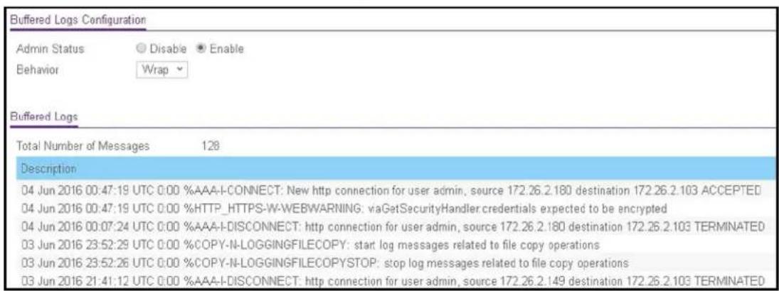 Buffered Logs Configuration Admin Status Disable Enable Behavior Wrap Buffered Logs Total Number of Messages 128 Description 04 Jun 2016 00:47:19 UTC 0:00 %AAA-I-CONNECT: New http connection for user admin, source 172.26.2.180 destination 172.26.2.103 ACCEPTED 04 Jun 2016 00:47:19 UTC 0:00 %HTTP_HTTPS-W-WEBWARNING: vaGetSecurityHandler.credentials expected to be encrypted 04 Jun 2016 00:07:24 UTC 0:00 %AAA-I-DISCONNECT: http connection for user admin, source 172.26.2.180 destination 172.26.2.103 TERMINATED 03 Jun 2016 23:52:29 UTC 0:00 %COPY-N-LOGGINGFILECOPY: start log messages related to file copy operations 03 Jun 2016 23:52:26 UTC 0:00 %COPY-N-LOGGINGFILECOPYSTOP: stop log messages related to file copy operations 03 Jun 2016 21:41:12 UTC 0:00 %AAA-I-DISCONNECT: http connection for user admin, source 172.26.2.149 destination 172.26.2.103 TERMINATED