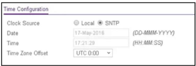 Time Configuration Clock Source Local SNTP Date 17-May-2016 (DD-MMM-YYYY) Time 17:21:29 (HH:MM:SS) Time Zone Offset UTC 0:00