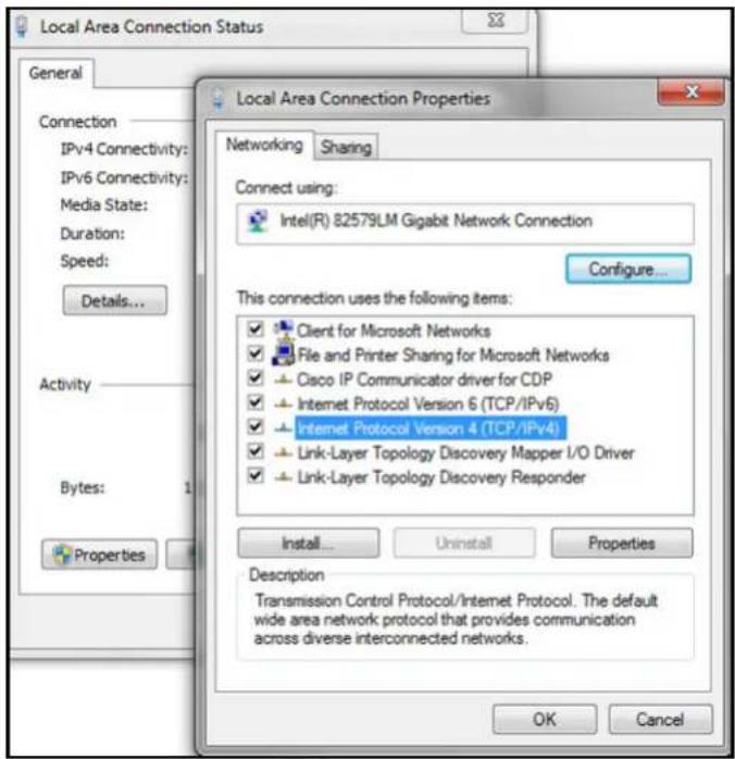 Local Area Connection Status General Connection IPv4 Connectivity: IPv6 Connectivity: Media State: Duration: Speed: Details... Activity Bytes: Properties Local Area Connection Properties Networking Sharing Connect using: Intel(R) 82579LM Gigabit Network Connection Configure... This connection uses the following items: Client for Microsoft Networks File and Printer Sharing for Microsoft Networks Cisco IP Communicator driver for CDP Internet Protocol Version 6 (TCP/IPv6) Internet Protocol Version 4 (TCP/IPv4) Link-Layer Topology Discovery Mapper I/O Driver Link-Layer Topology Discovery Responder Install... Uninstall Properties Description Transmission Control Protocol/Internet Protocol. The default wide area network protocol that provides communication across diverse interconnected networks. OK Cancel