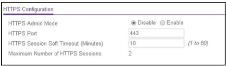 HTTPS Configuration HTTPS Admin Mode ● Disable ○ Enable HTTPS Port 443 HTTPS Session Soft Timeout (Minutes) 10 (1 to 60) Maximum Number of HTTPS Sessions 2